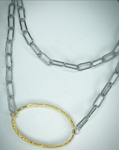 HEAVY METAL Long Oval Mixed Metal Necklace in Silver - HM089S