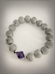 RAW COLLECTION - Amethyst Polygon Stone with Silver Druzy Beads - RA008