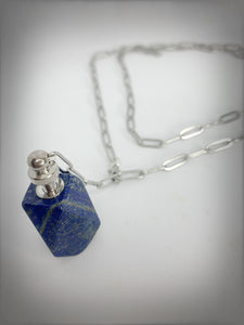 RAW COLLECTION - Lapis Stone Essential Oil Bottle on Silver Link Chain (Adjustable)