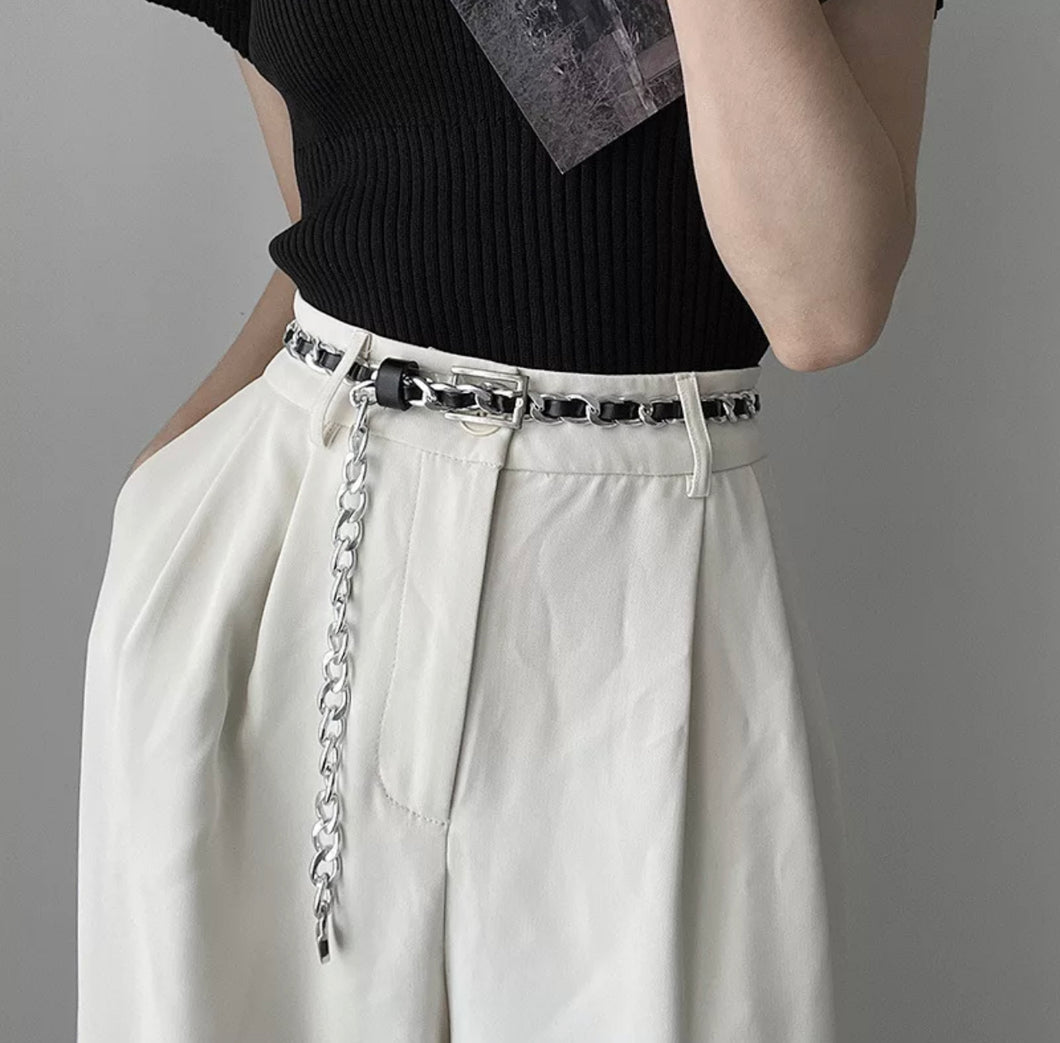 Silver Chain and Leather Mid-Waist Belt - HM092S
