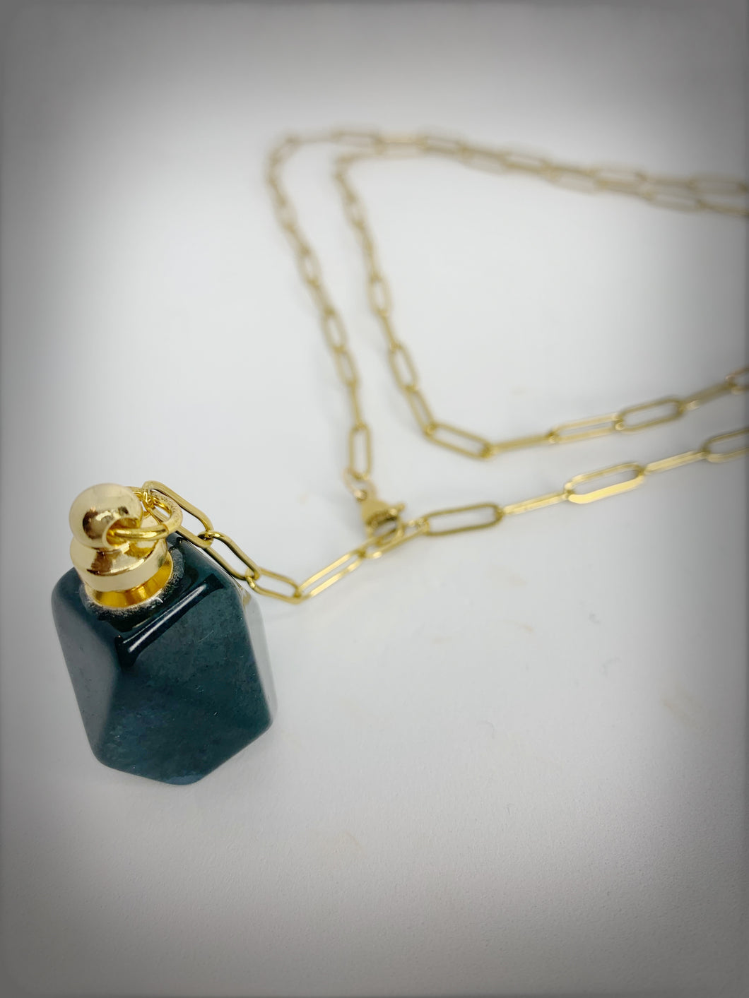 RAW COLLECTION - Jade Stone Essential Oil Bottle on Gold Link Chain (Adjustable)