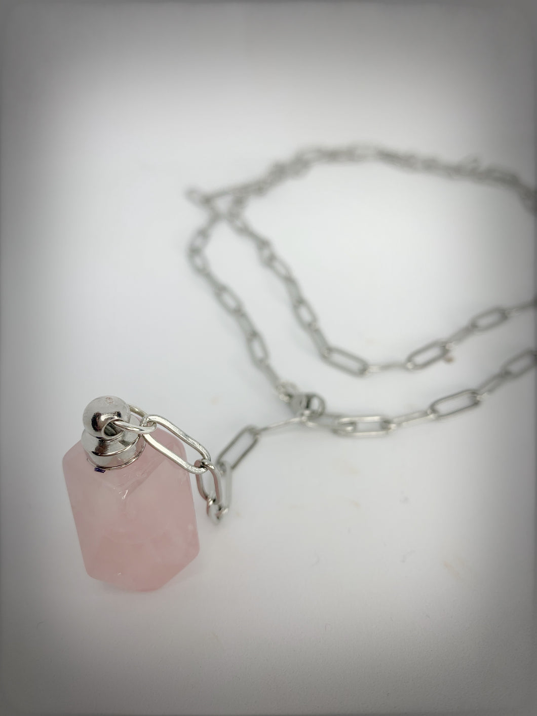 RAW COLLECTION - Rose Quartz Stone Essential Oil Bottle on Silver Link Chain (Adjustable)