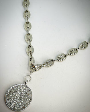 SACRED COIN COLLECTION- Large Link Oval Necklace w/ Sacred Coin in Silver - SC006