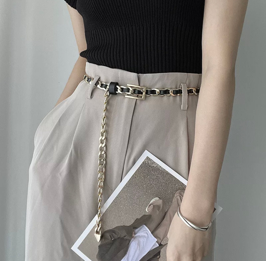 Gold Chain and Leather Mid-Waist Belt - HM092G