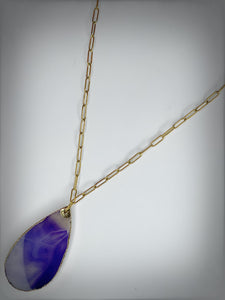RAW Purple/Blue Agate Slice Long Necklace in Gold - RA026