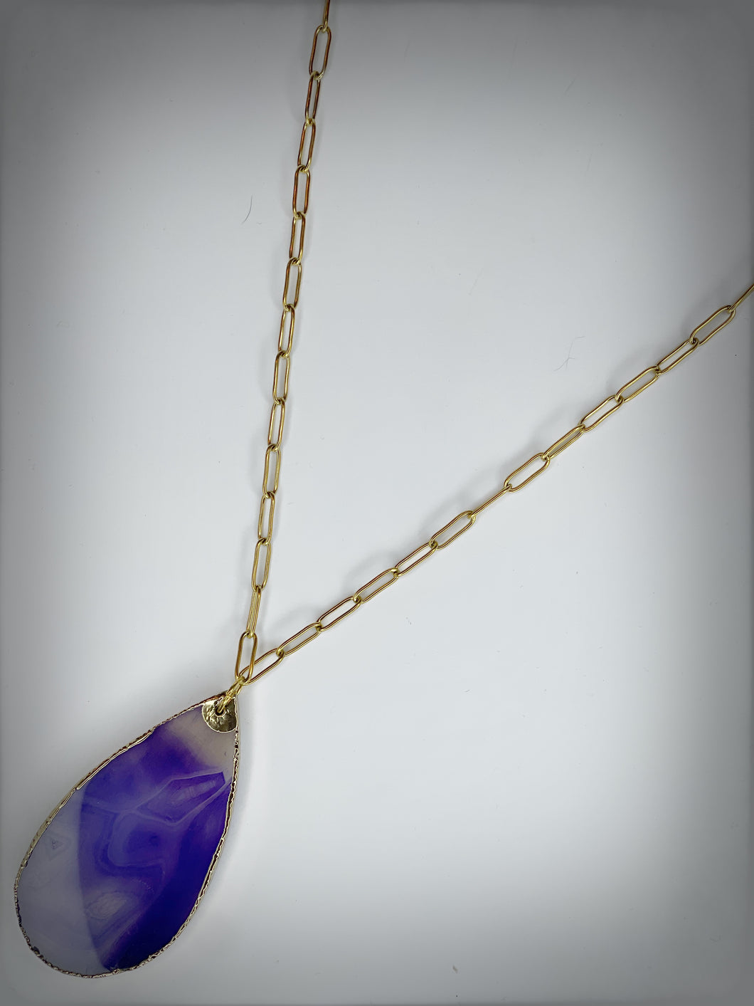 RAW Purple/Blue Agate Slice Long Necklace in Gold - RA026