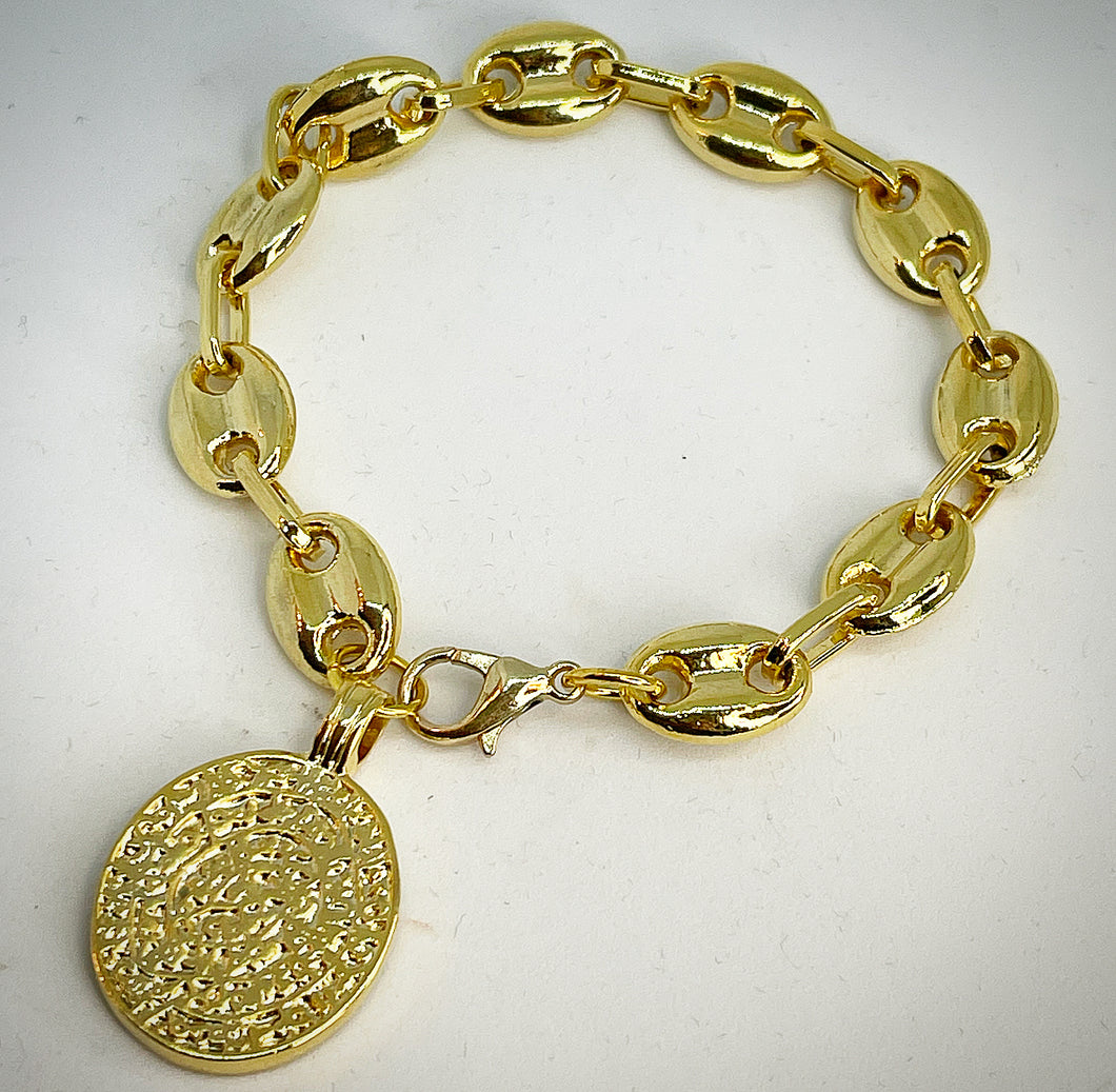 SACRED COIN COLLECTION- Large Link Oval Chain Bracelet w/ Sacred Coin in Gold - SC011