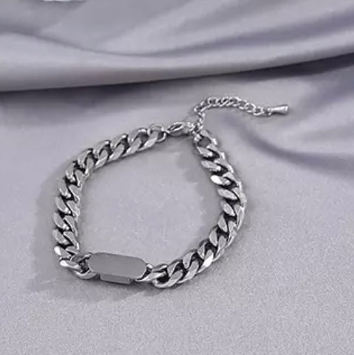 HEAVY METAL COLLECTION - Silver Cuban Chain Bracelet with Plate - HM030