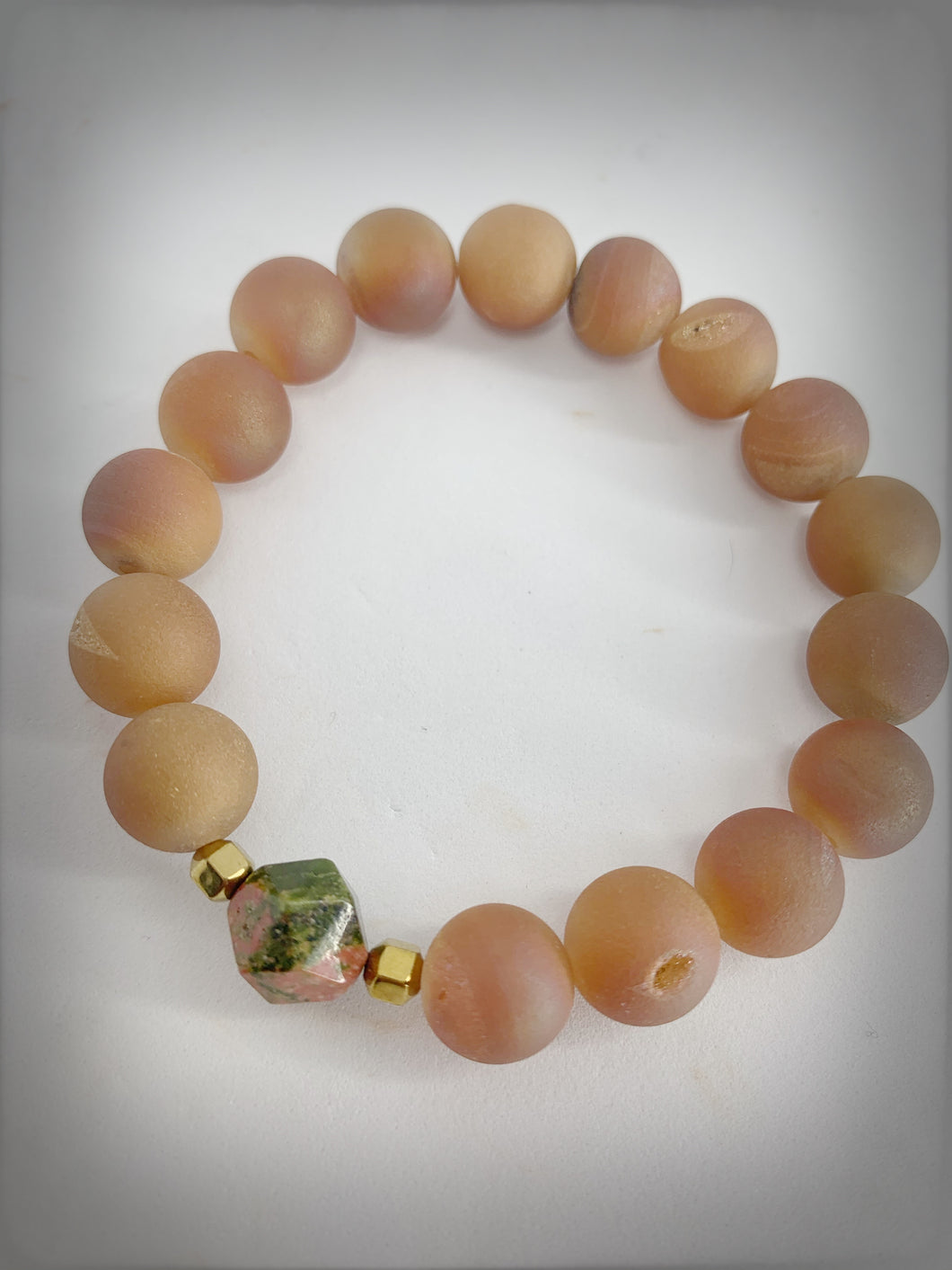 RAW COLLECTION - Unakite Polygon Stone with Champagne Druzy Beads - RA010