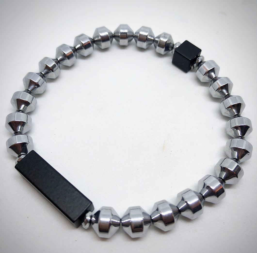 silver hematite black bar bracelet semi precious natural stone 